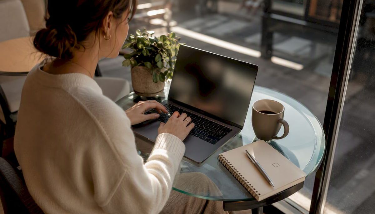 Hands typing on laptop in home office setting