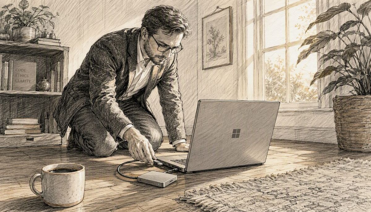 Hands connecting hardware for local AI setup on laptop