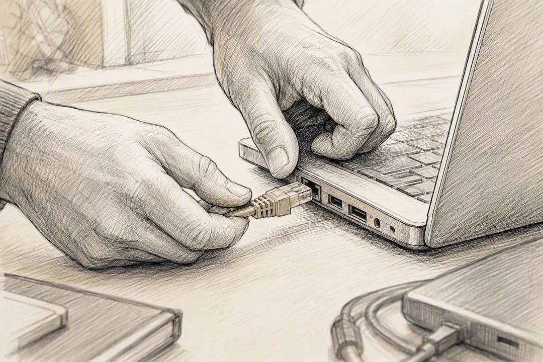 Hands unplugging network cable on desk