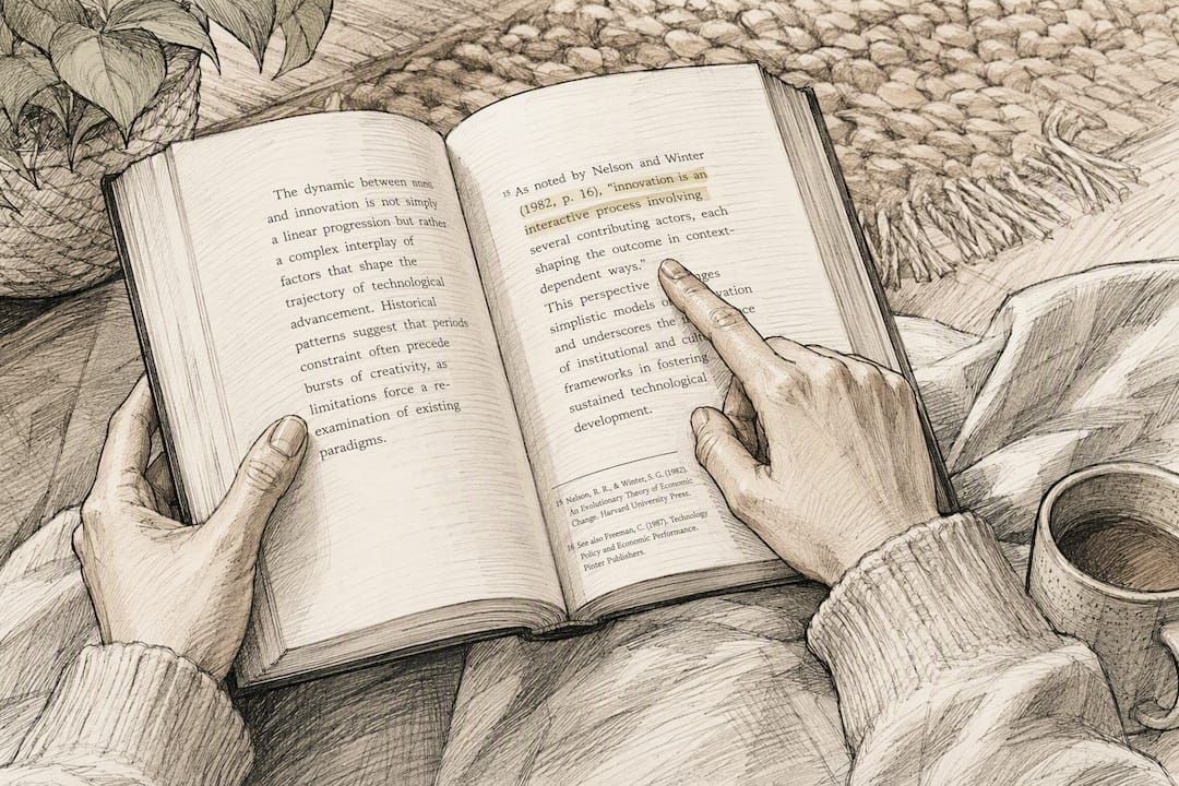 Hands pointing at citation in academic book