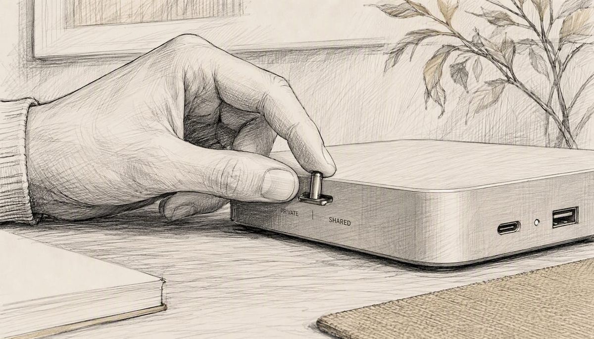 Hand toggling hardware privacy switch close-up