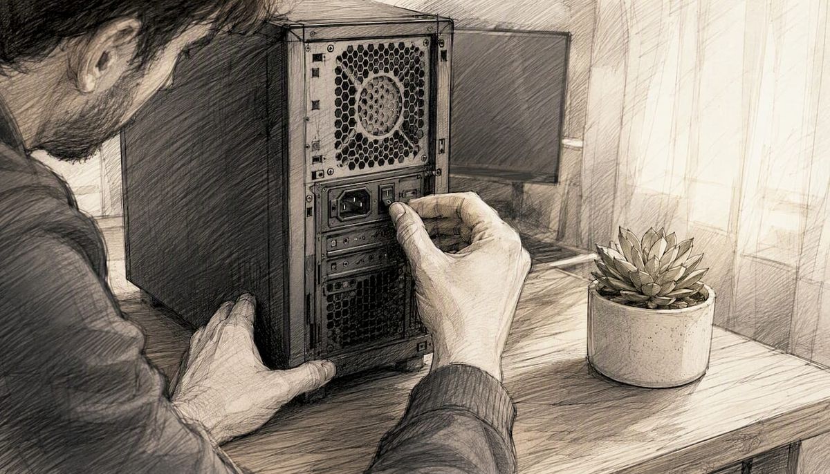 Hands adjusting desktop hardware switch