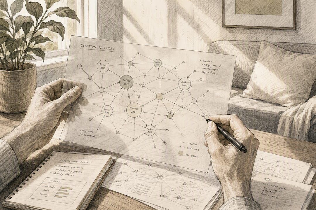 Hands arranging citation network overlay
