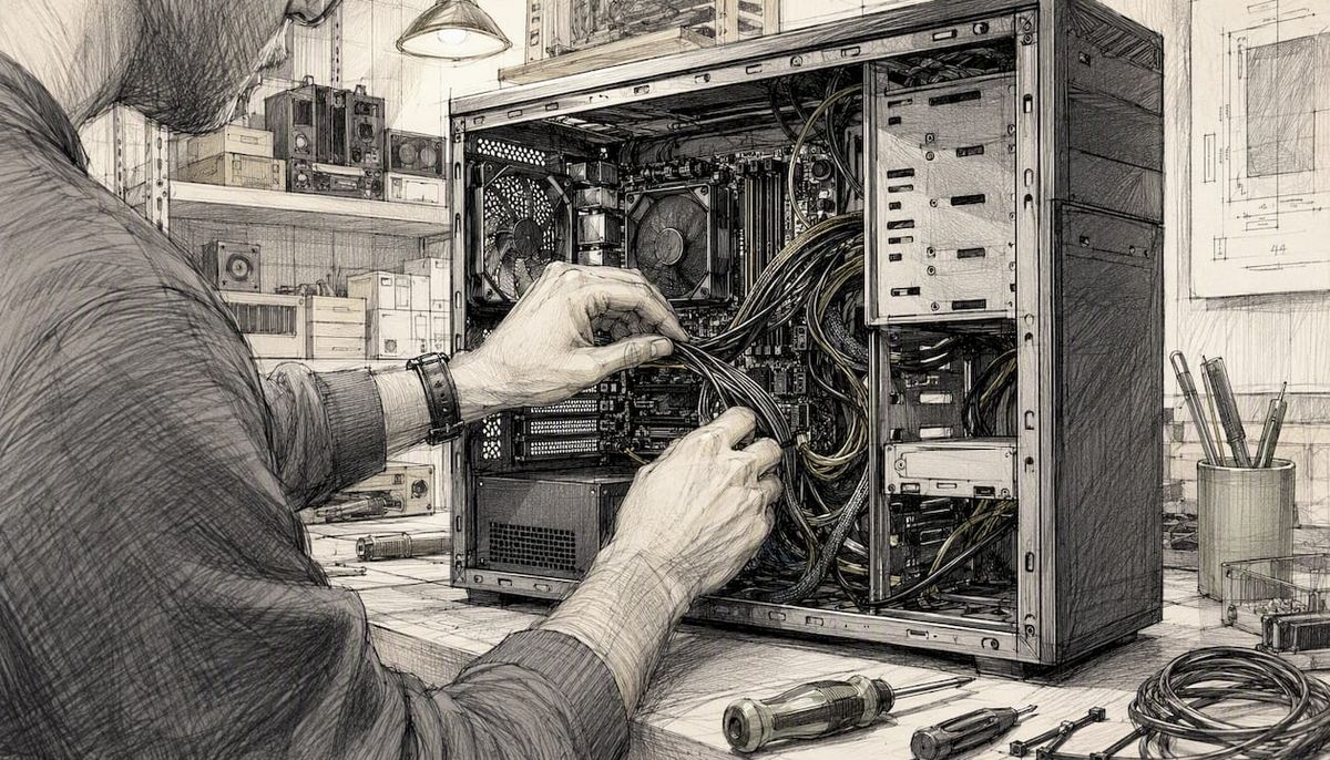 Hands inspecting computer hardware for offline AI