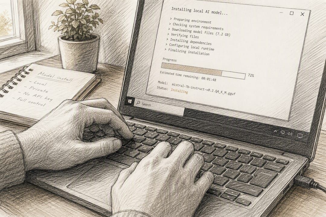 Hands installing local AI model on PC