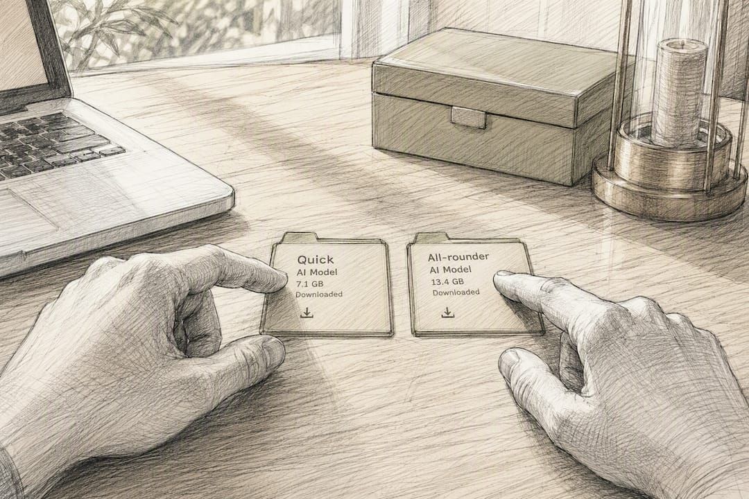 Hands choosing AI model files on wooden desk