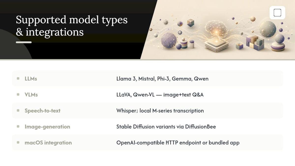 What AI model types and macOS integrations are supported? — overview diagram