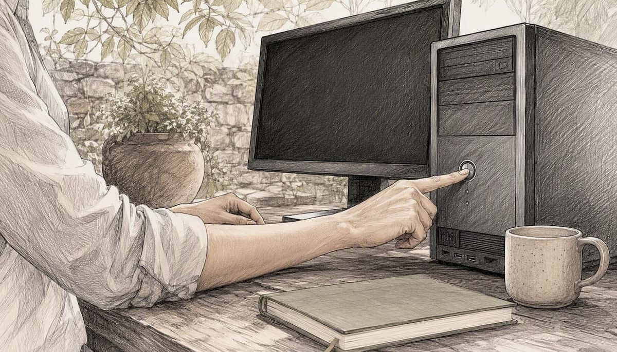 Hands powering on offline desktop computer