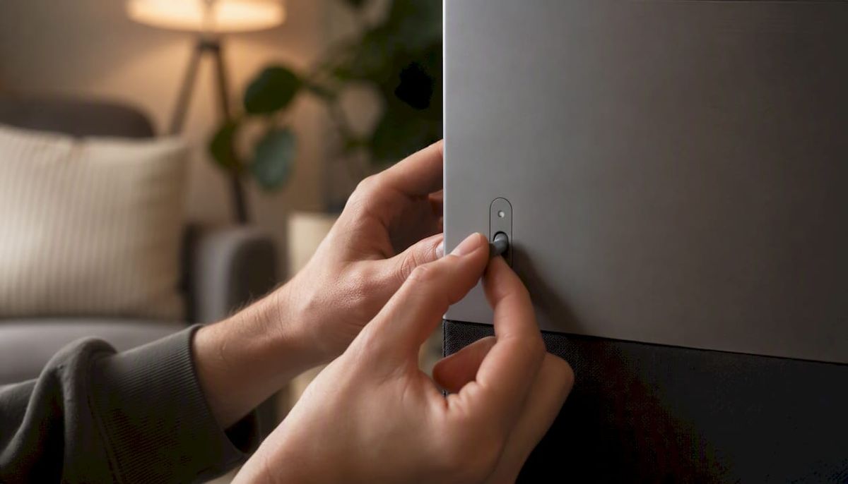 Hands toggling privacy switch on desktop