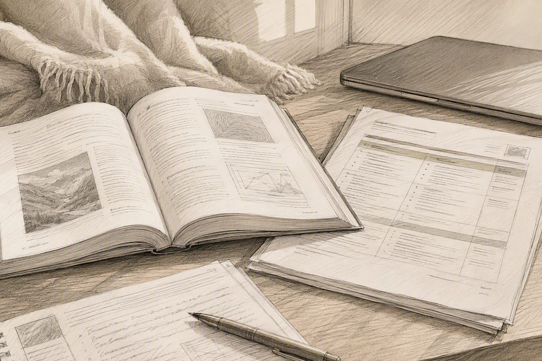 Scanned textbook page and syllabus on study desk