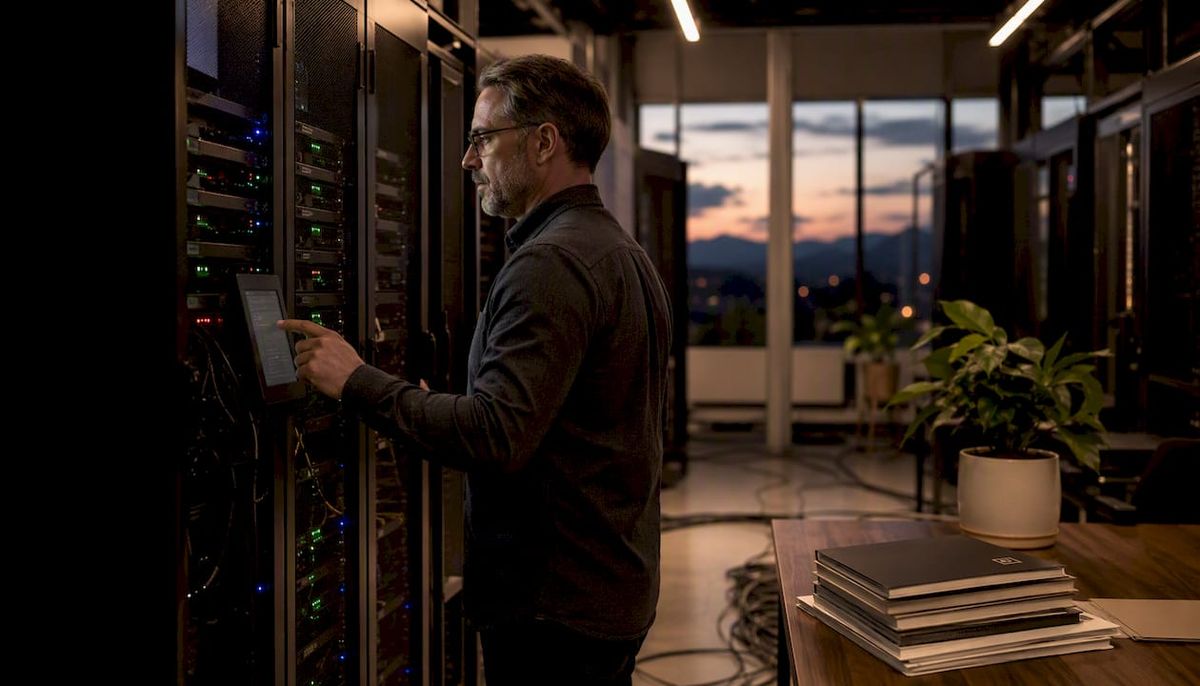 Technician operating air-gapped AI hardware in server room