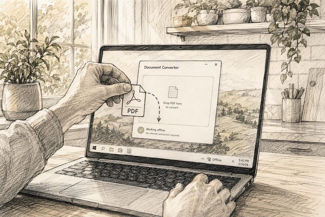 Hands dropping PDF file onto offline AI app