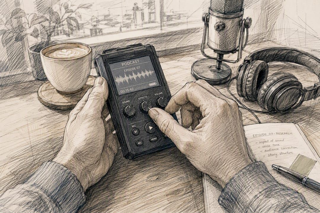 Hands controlling podcast audio device